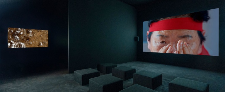 Videoværker på vægge i mørkt rum på Venedig Biennalen