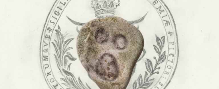 Årets rundgangsplakat - blyantstegning af Kunstakademiets segl med sten foran